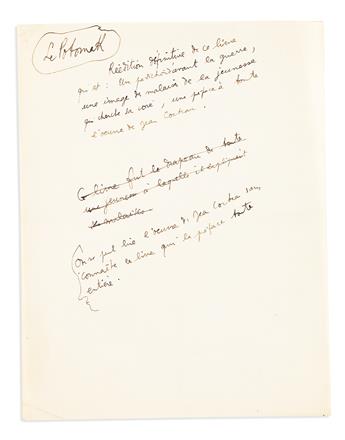 COCTEAU, JEAN. Group of 10 Autograph Manuscripts, including 5 Signed, brief or fragmentary working drafts of reviews for books or films